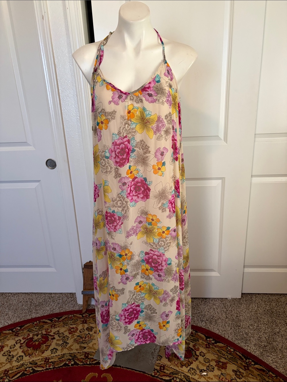 lovestitch Cream Floral Halter Slip with Pink & Yellow Blooms